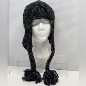 The North Face Black Cable Knit Fuzzy Earflap Beanie Hat Braided Tassels OS